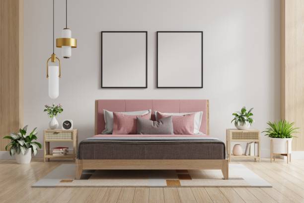 Mock up poster with two frames on the wall in home bedroom interior. Mock up poster with two frames on the wall in home bedroom interior.3d rendering pink bed stock pictures, royalty-free photos & images