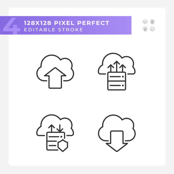 Vector illustration of Data exchange via cloud resources pixel perfect linear icons set