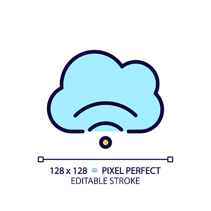 Cloud streaming pixel perfect RGB color icon. Delivering content to viewers. Hosting video files on internet server. Isolated vector illustration. Simple filled line drawing. Editable stroke