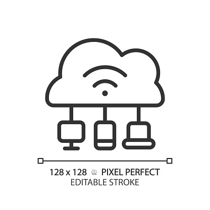 Cloud based IoT pixel perfect linear icon. Internet of things features. Massive network with devices and apps. Thin line illustration. Contour symbol. Vector outline drawing. Editable stroke