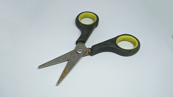 Old scissors isolated against white background.