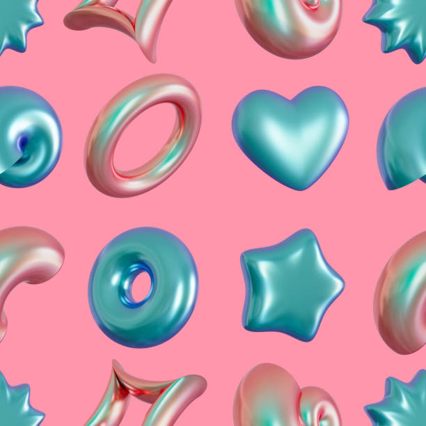 istock Seamless pattern with abstract 3D shapes on pink background. Colorful design for print, textile, wrapping paper. Holographic, trendy and futuristic elements. Iridescent objects. 3d render. 1468471911