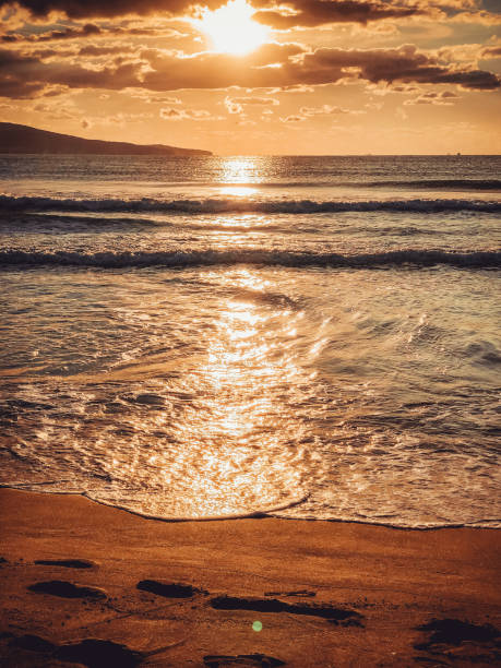 istock Sunset background Silhouette of sea waves 1468472316