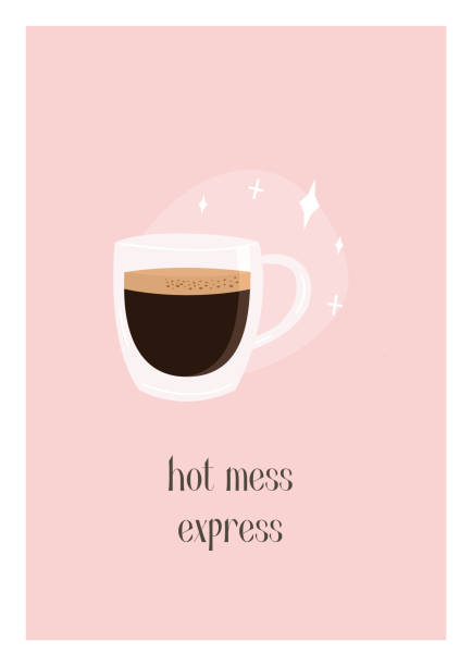 istock Hand drawn colored trendy minimalist poster with hot freshly brewed specialty espresso. Wall art vertical portrait print with funny text. Vector flat style illustration. 1468475552