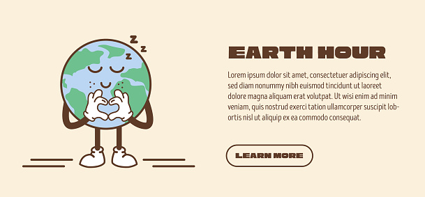 Web banner for Earth hour. Slide or landing page with environmental protection concept. Cute vintage planet mascot with heart sign. Global warming and climate change concept retro vector illustration