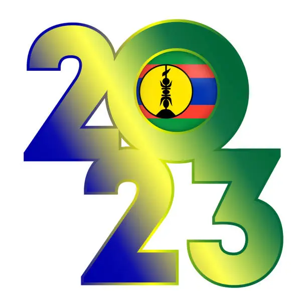 Vector illustration of Happy New Year 2023 banner with New Caledonia flag inside. Vector illustration.