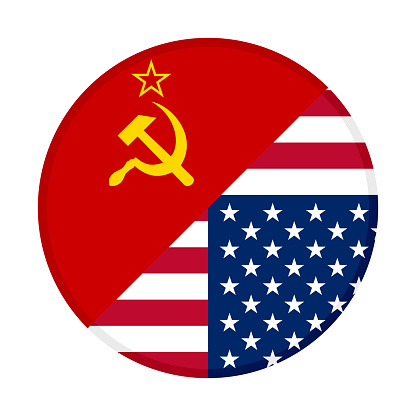 round icon of soviet union and american flags isolated on white background