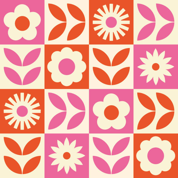 현대 기하학적 꽃 패턴. 복고풍 스칸디나비아 스타일. - 1960s style 1970s style seamless wallpaper pattern stock illustrations