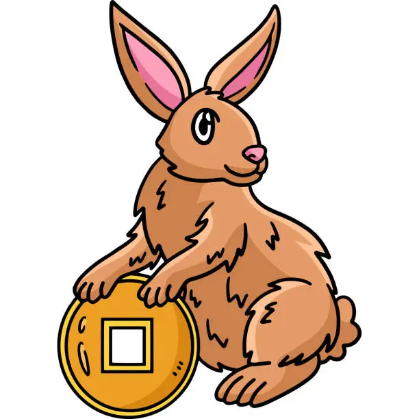 Vector illustration of Rabbit Holding Chinese Coin Cartoon Clipart