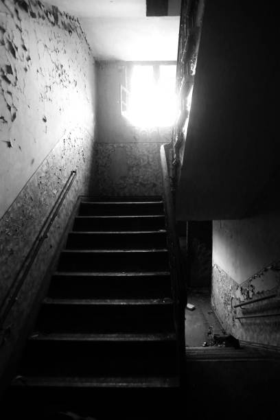 istock Black and white image of destroyed staircase 1468480869