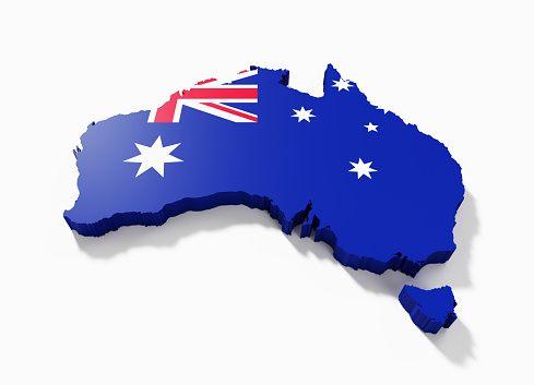 International border of Australia textured with Australian flag on white background. Horizontal composition with clipping path.