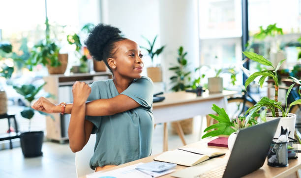 istock Office stretching, black woman smile and web business employee ready for working. Worker, digital creative writer and desk job of a online content creator with arm stretch feeling relax at work 1468482210