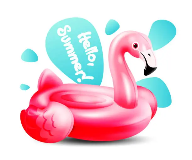 Vector illustration of Beach holiday concept in cartoon style. Inflatable pink flamingo for swimming on a white abstract background.