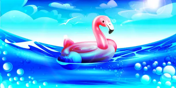 Vector illustration of Beach holiday concept in cartoon style. Inflatable pink flamingo for swimming on the water against the backdrop of a summer sunny tropical landscape.