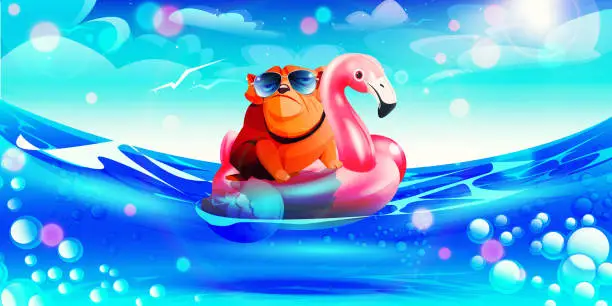 Vector illustration of Beach holiday concept in cartoon style. An inflatable pink flamingo with a sunbathing bulldog on the water against the background of a summer sunny tropical landscape.