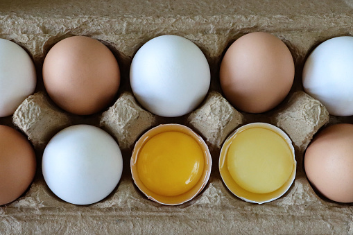 Stock photo showing close-up, elevated view of batch of ten mixed white and brown coloured eggs in open disposable cardboard egg box.