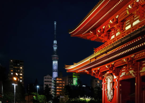 la porte du temple sensoji ou du temple asakusa kannon et de la tour skytree la nuit - kaminarimon gate photos et images de collection