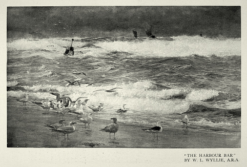 Vintage illustration The Harbour Bar by William Lionel Wyllie, Seascape, Gulls on the beach, Stormy sea, 19th Century Art