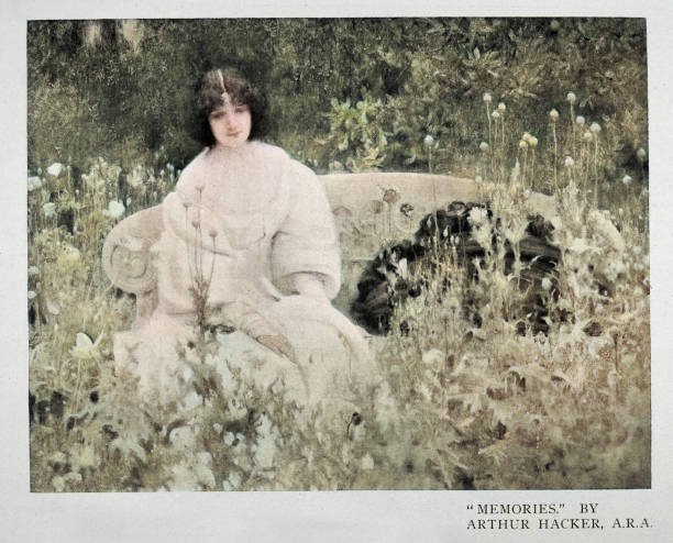 istock Young woman sitting in garden surrounded by flowers, Memories by Arthur Hacker, Late 19th Century Art 1468488916