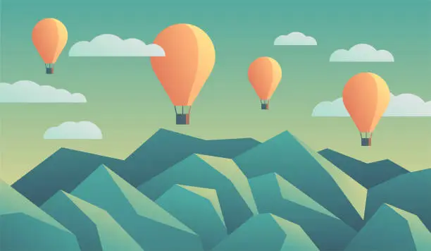 Vector illustration of Beautiful landscape - air balloons in cloudy sky