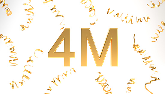 4M followers symbol with confetti 3d rendering. Gold 4m 3d number illustration on white background. Celebration or thank you concept banner.