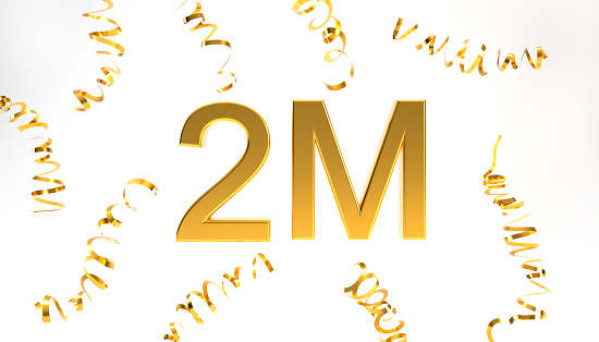 Gold 2M 3d number illustration on white background. 2m followers symbol with confetti 3d rendering. Celebration or thank you concept banner.