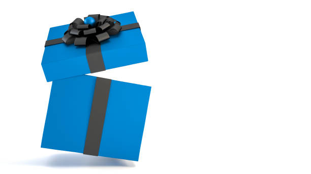 istock Falling blue gift box with black ribbon and bow isolated on white background and copy space. 1468489755