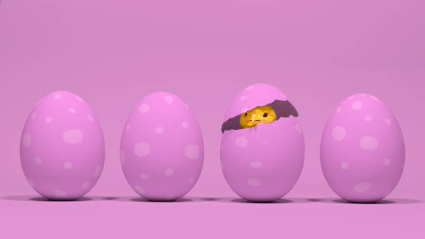istock Pink Easter eggs on pink background with a chick emerging from one of them 1468494807