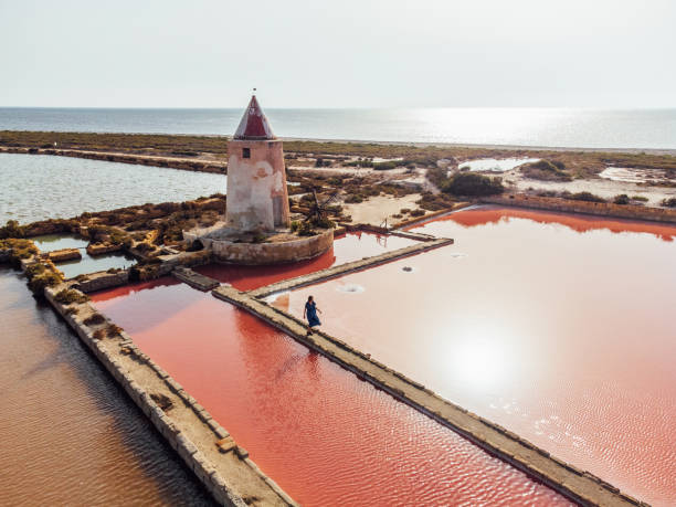 vista aérea de una mujer caminando en salares rosas en sicilia, italia - trapani fotografías e imágenes de stock