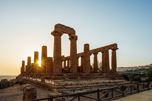 Valley of Temples in Agrigento at sunset. Hera Lacinia temple - Temple of Juno.
