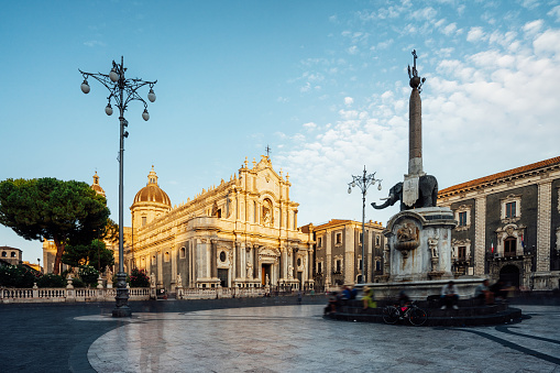 Piazza Duomo in Catania at sunset. Famous Baroque style landmark in Catania, Sicily, Italy.