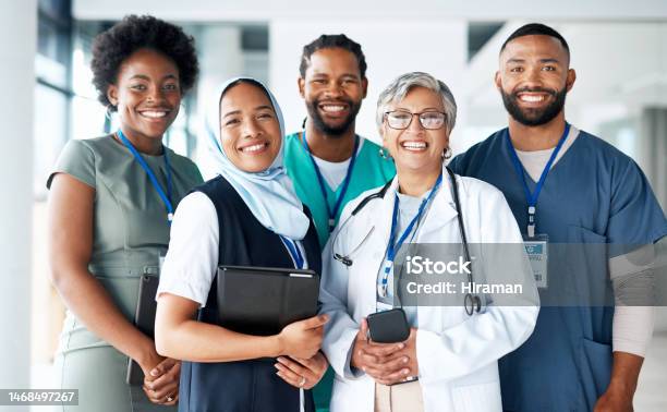 Portrait Diversity And Happy Team Of Doctors With Teamwork Excited Positive And Proud In A Hospital Or Clinic Group Healthcare Professional And Medicine Or Medical Experts In Unity Together Stock Photo - Download Image Now