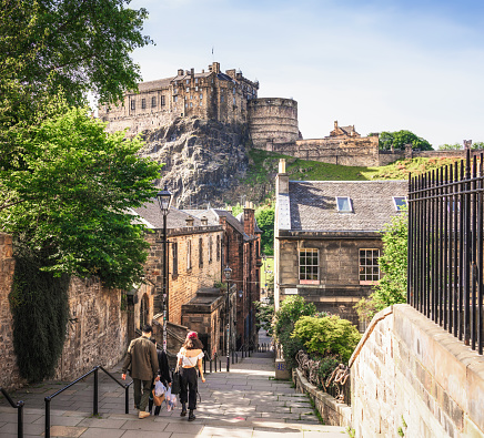 The historical landmark Edinburgh Castle, Scotland, set against a stormy sky.