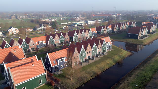 Volendam - small historical Dutch village. Drone shot, panning left to right