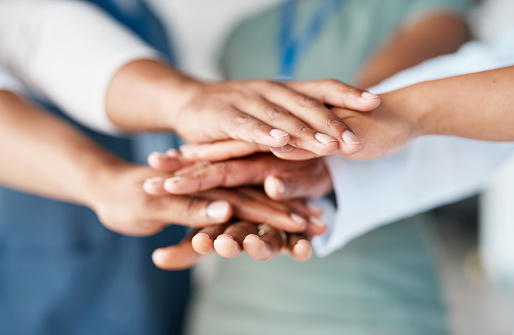 istock Hands together, business people and team building for company mission, project collaboration and group support. Employees or staff solidarity, hand stack sign and diversity circle for teamwork goals 1468499955
