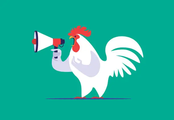Vector illustration of rooster holding loudspeaker and crowing