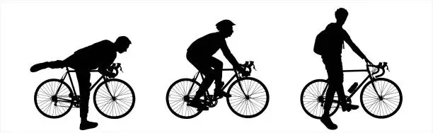 Vector illustration of A man put his leg up to get on the bike. A guy in a sports protective helmet on his head, with a backpack behind his back, with a bicycle in his hands. Side view. Black silhouette isolated on white