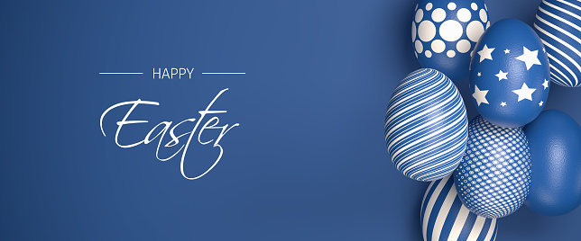 Easter Eggs with different textures in classic blue over a seamless blue background. Text 