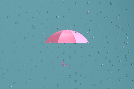 3D Rendering Flying Raindrops and Umbrella. Protection, Insurance, Safety concept.