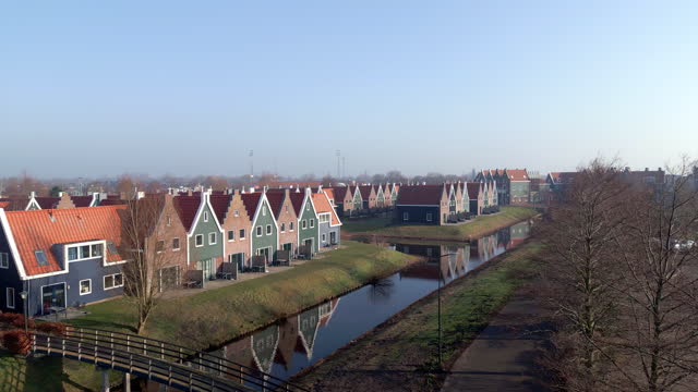 Volendam - small historical Dutch village. Drone shot, declining vertical.