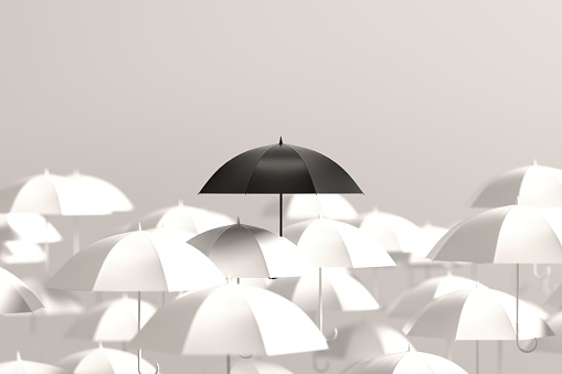 3D Rendering Umbrella Standing out from the Crowd, Leadership Concept.