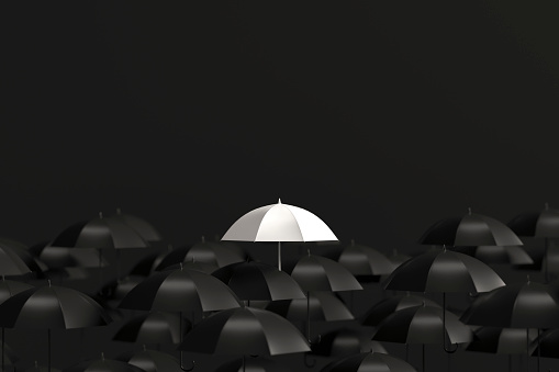 3D Rendering Umbrella Standing out from the Crowd, Leadership Concept.