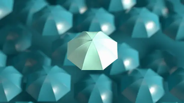 3D Rendering Umbrella Standing out from the Crowd, Leadership Concept.