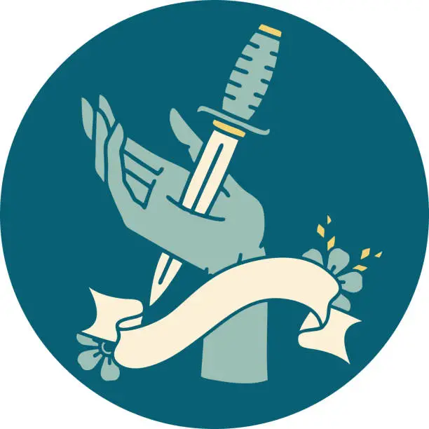 Vector illustration of tattoo style icon with banner of a dagger in the hand