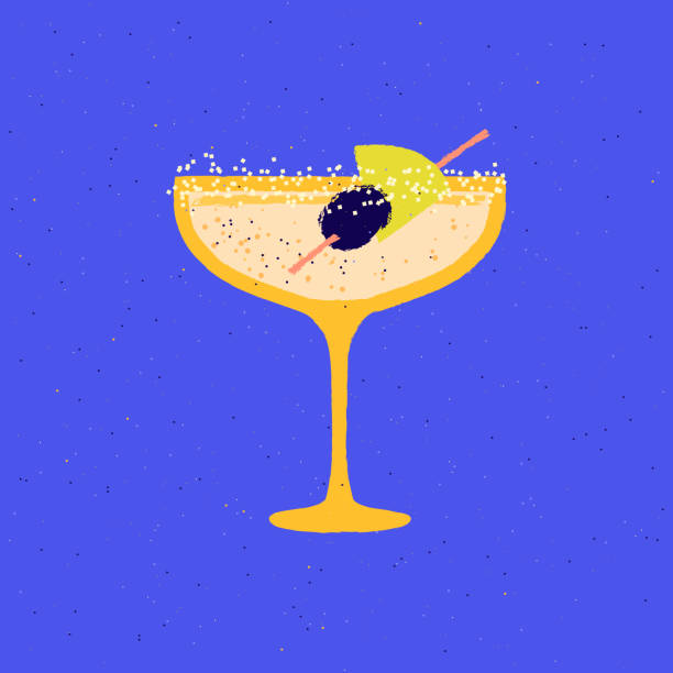koktajl z oliwką i plasterkiem owoców na imprezę. płaska ilustracja wektorowa z teksturą - gin tonic water martini olive stock illustrations