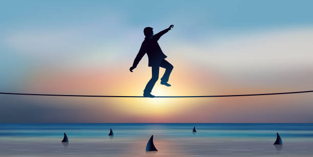Symbol of a businessman who overcomes an obstacle while balancing on a rope. Concept of daring and risk taking in the business world, with a tightrope walker crossing an obstacle balanced on a rope. standing on one leg not exercising stock illustrations