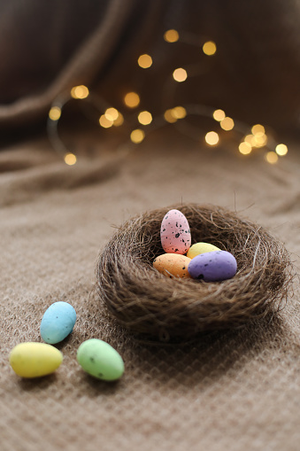 Happy Easter card. Colorful easter eggs in nest on rustic festive background with copy space, selective focus image