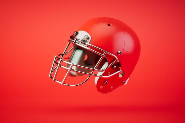 istock Red rugby helmet on red background. 3d render 1468507511