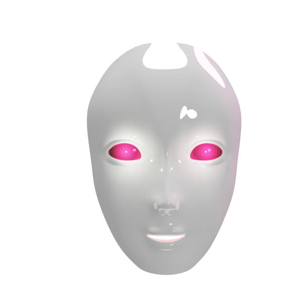 istock Face of humanoid robot with red eyes made of plastic front view white background 1468508277