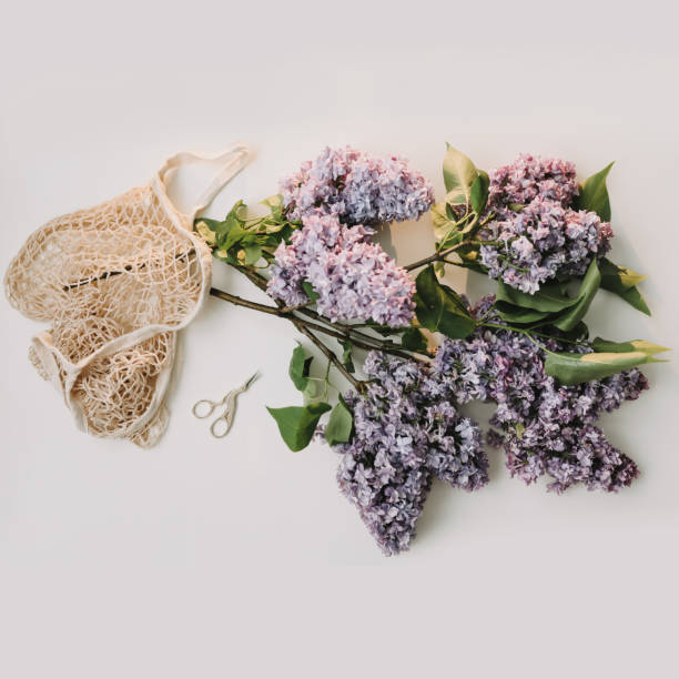 istock Home interior decor, bouquet of lilacs on table top view 1468510124